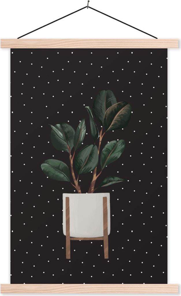 MuchoWow Textilposter Pflanzen - Blumentopf - Dots - Schwarz 40x60 cm mit holzfarbenen Rahmen - Poster