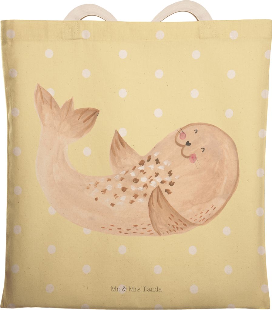 Mr. & Mrs. Panda Tote Bag Robbe Liegen - Gelb Pastell - Geschenk, Ostsee, Lustige Sprüche, Beutel, Strand, Lachen, Einkaufstasche, Stoffbeutel, Ta...