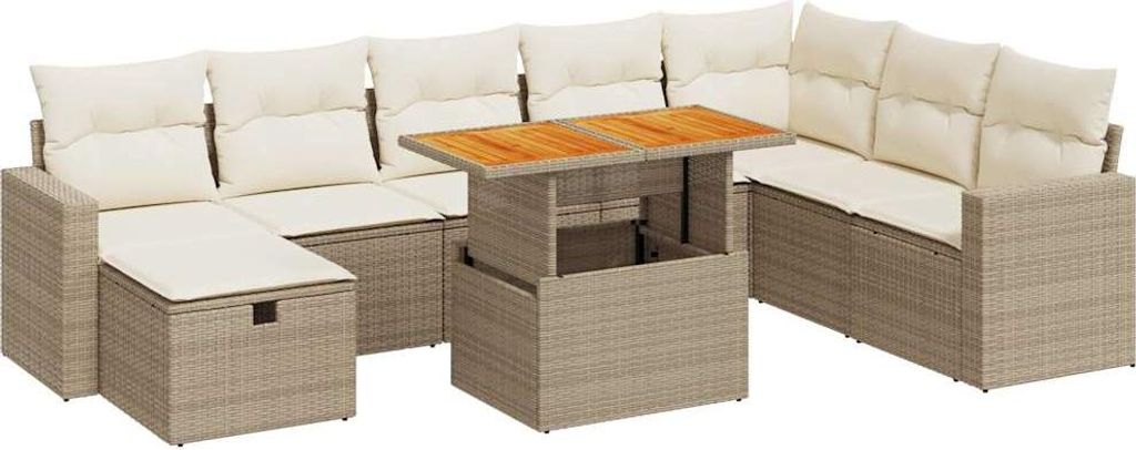 9-tlg. Garten-Sofagarnitur mit Kissen Beige Poly Rattan Akazie