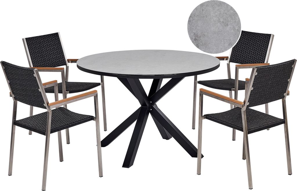BELIANI Gartenmöbel-Set, grau/schwarz Aluminium, Edelstahl, Keramik, Glas, Tischplatte mit Marmoreffekt, PE-Rattanstühle 4 Sitzer, Outdoor-Möbel...
