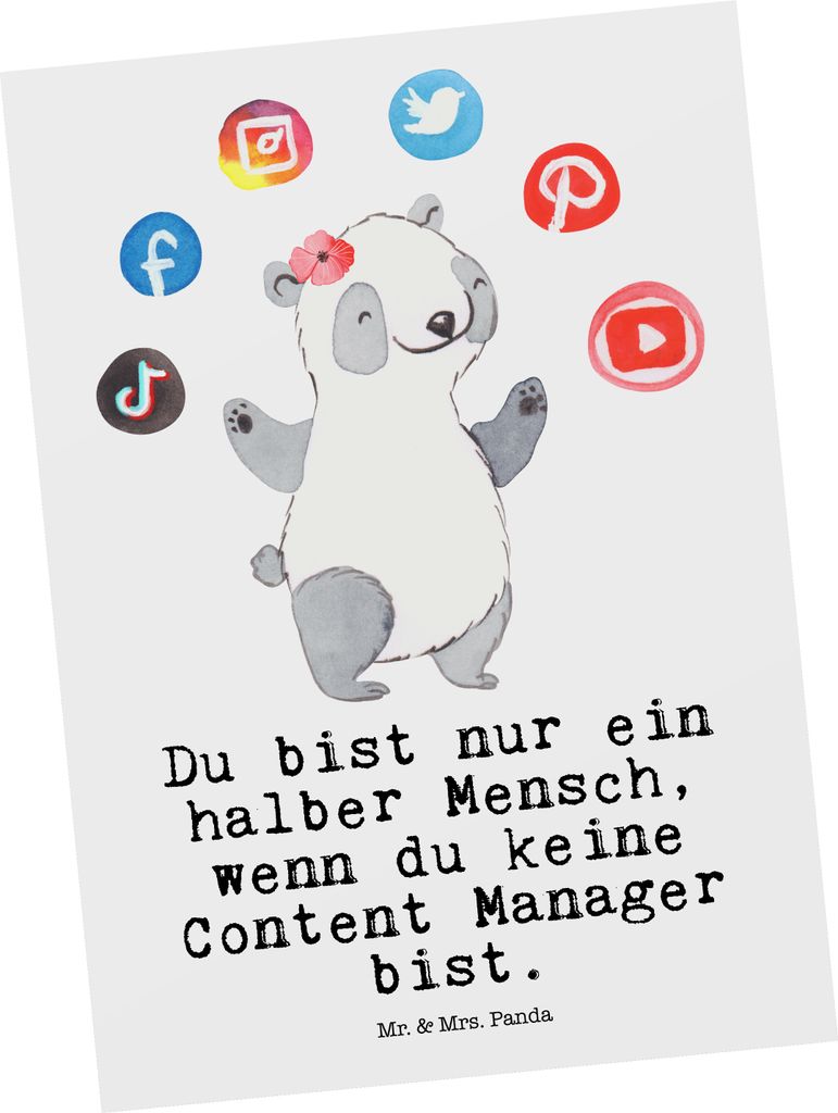 Mr. & Mrs. Panda Postkarte Content Manager Herz - Weiß - Geschenk, Postkarten, Ansichtskarte, Ansichtskarten, bildkarte, Grußkarte