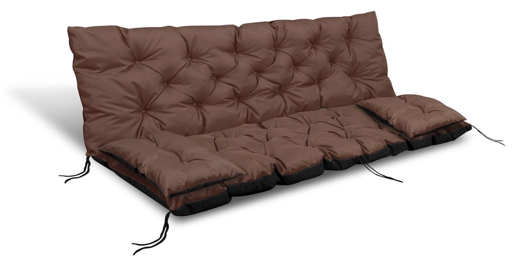 A brown tufted cushion set for a Hollywood swing or garden bench, shown from a diagonal front-left perspective on a white background.