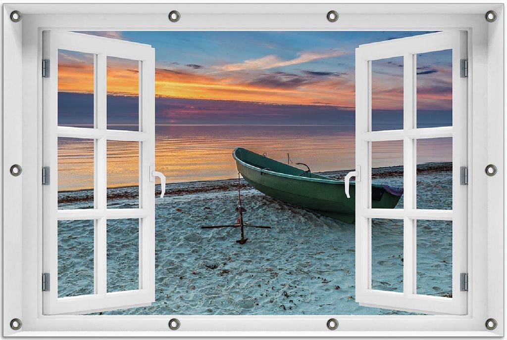 Wallario Outdoor-Poster für Garten oder Balkon 80 x 120 cm: Einsames Fischerboot mit Anker am Strand