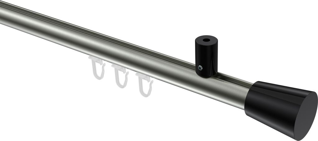 Interdeco Innenlaufstange / Gardinenstange mit Innenlauf Edelstahl-Optik / Schwarz, Typ Sonius Sitra (Konus) Deckenmontage, 20 mm Ø 1-läufig, 180 cm