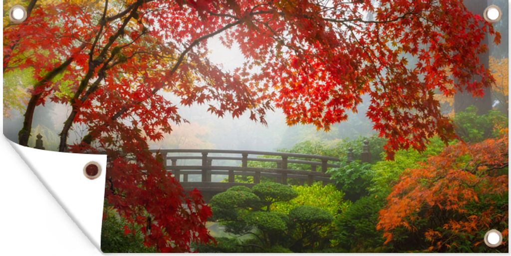 MuchoWow 160x80 cm Outdoor-Poster Gartendeko Sichtschutz Garten Poster für den Garten Japanischer Ahorn - Bäume - Brücke - Natur - Japanisch