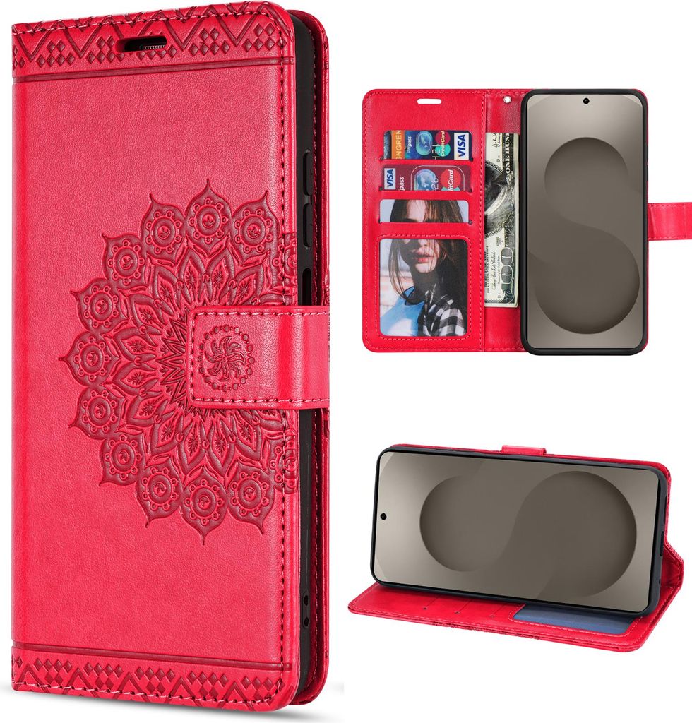 Hülle für Samsung Galaxy S26+ 5G Handyhülle Wallet Case Kartenfächern Mandala Rot