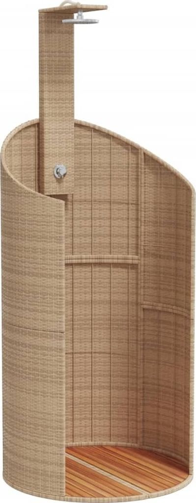 An outdoor shower stall made of woven material with a wooden floor.