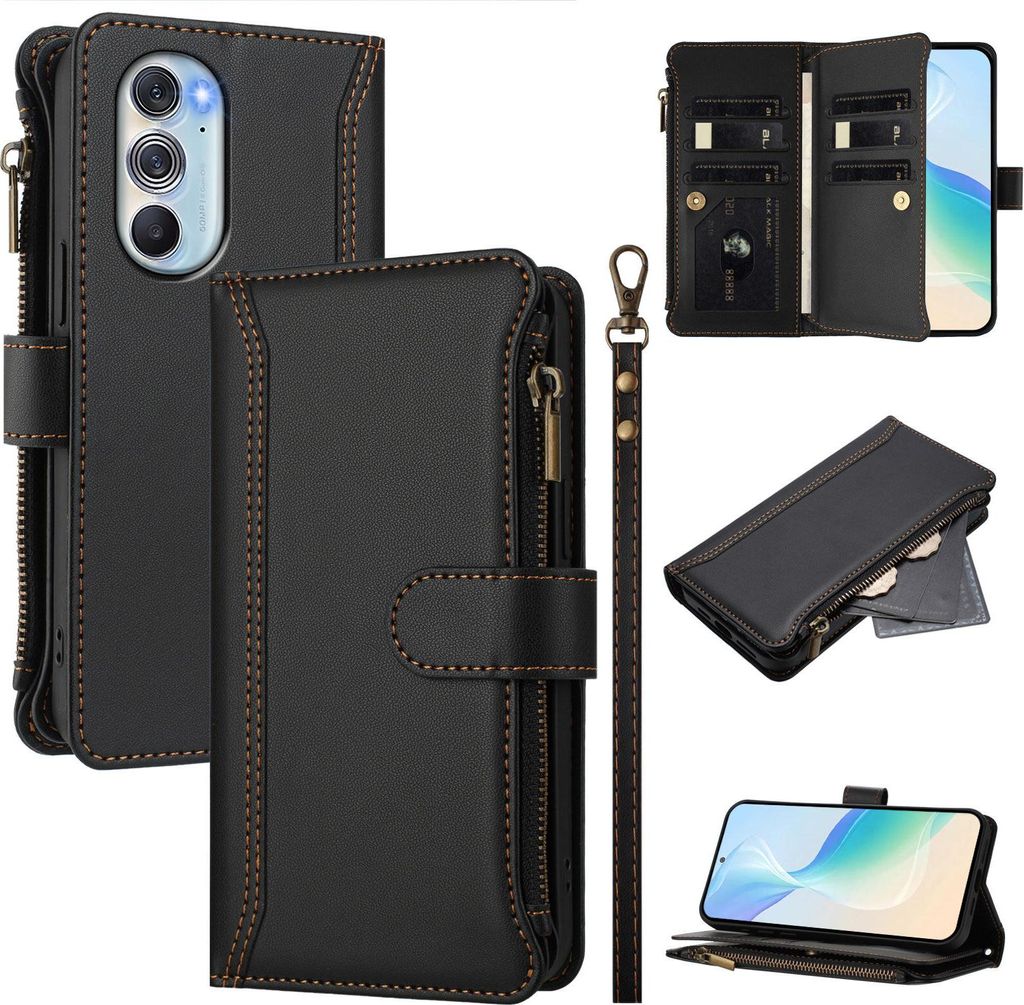 Handyhülle für Motorola Moto Edge 30 Pro Reißverschluss Geldbörse Kunstleder Klapphülle mit Kartensteckplatz, Ständer, Handschlaufe Schwarz
