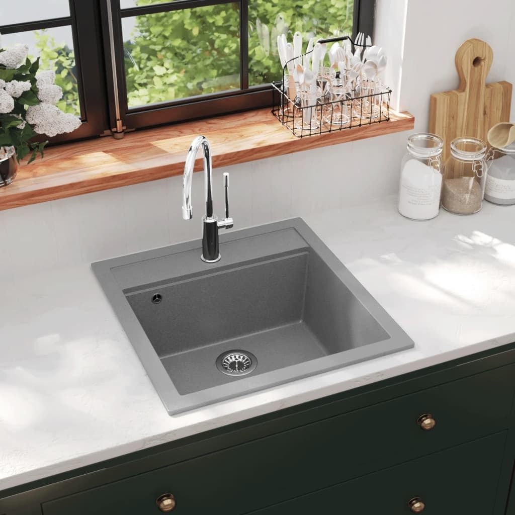 The Living Store Granit-Küchenspüle Einzelbecken Grau Produktbild 