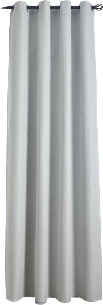A close-up view of a hanging gray curtain.