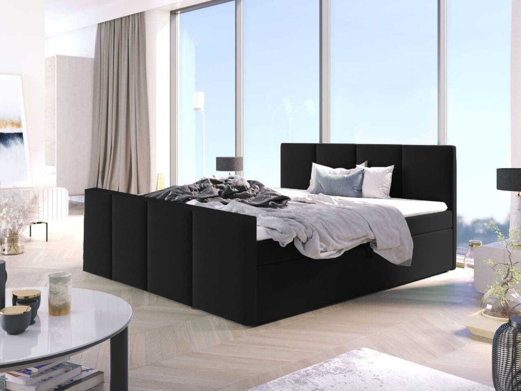 Bett, Boxspringbett STAR mit Fußteil, Bonell-Matratze, T25 Topper, mit 2 Bettkästen, Doppelbett, 160x200 cm (Kunstleder Schwarz - Madryt 1100)