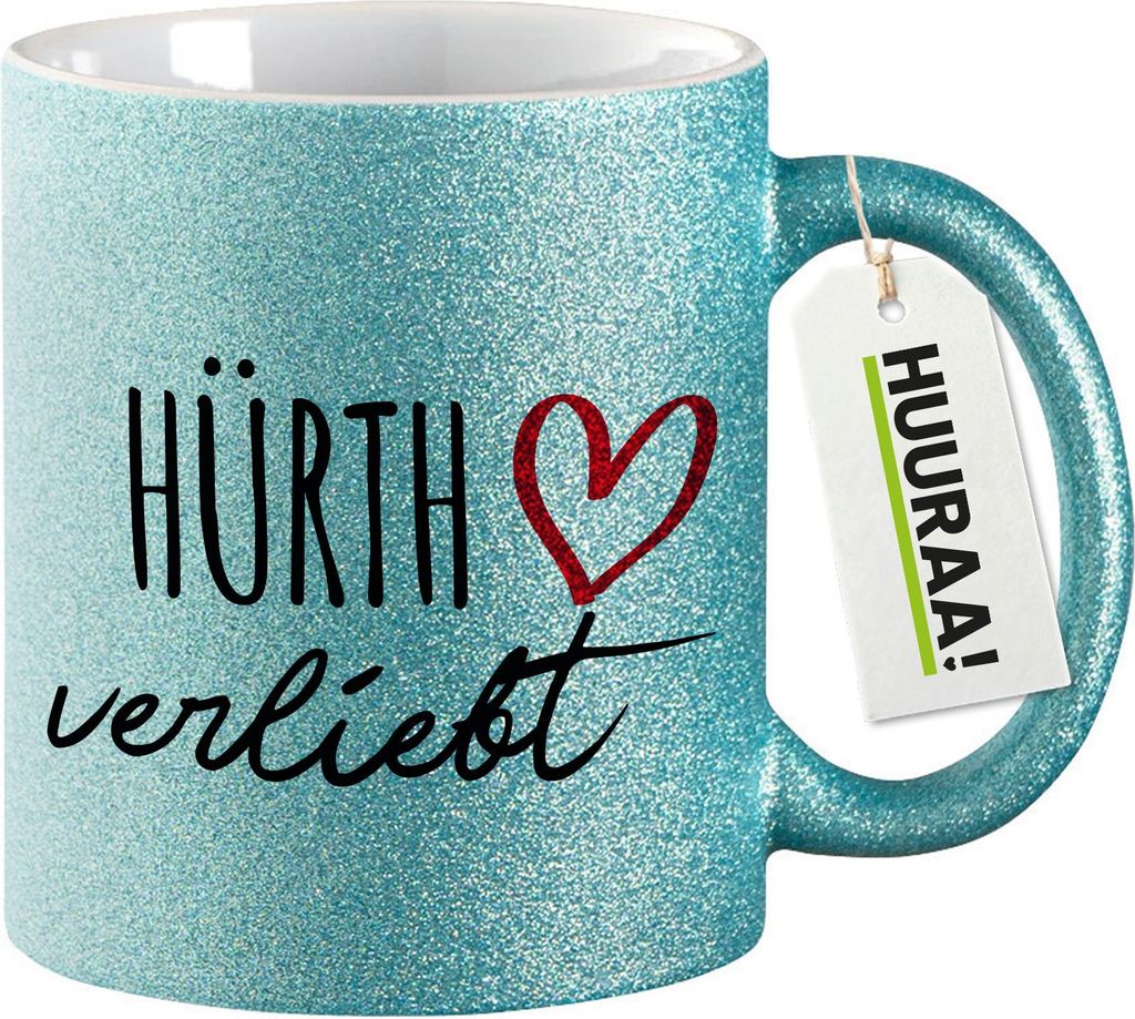 Huuraa Glitzertasse Hürth verliebt 330ml Blau Keramik Kaffeebecher Geschenkidee