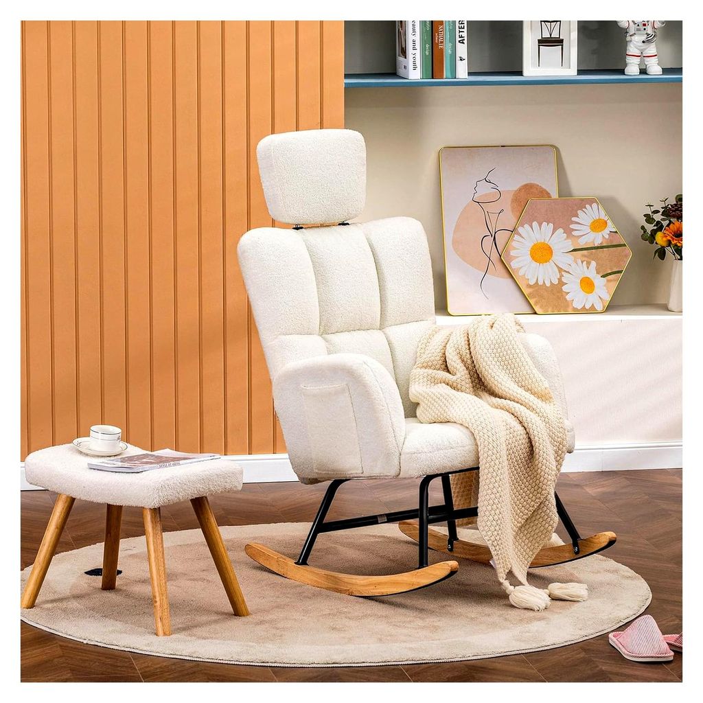 Schaukelstuhl mit Hocker, Relaxsessel, Ohrensessel aus Teddy-Plüsch, bis 150 kg belastbar, Sonnenliege für Schlafzimmer und Wohnzimmer, stilvolle...