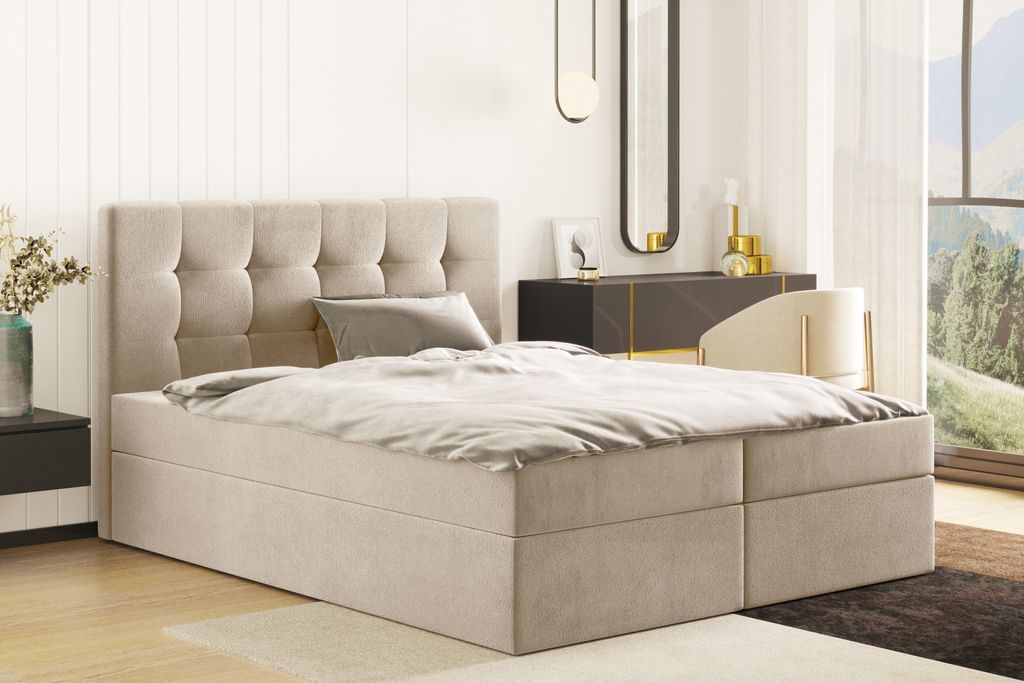 Kaiser Möbel Boxspringbett mit matratze und bettkasten, Schlafbett LUDANO stoff Cosmic Beige 140x200 cm H2-Pocket