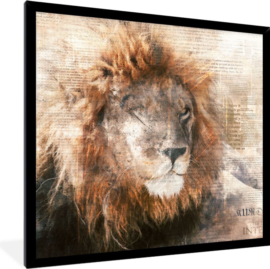 MuchoWow MuchoWow Gerahmtes Poster Löwe - Zeitung - Farben 40x40 cm - Poster mit zchwarzem Bilderrahmen - Mit Rahmen - Wanddekoration Schlafzi...