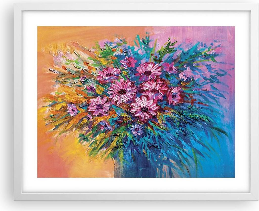 Gerahmtes Poster - Weißer Rahmen - Blumenstrauß Blumen Öl - 50x40 cm - Wand Bild - Wanddeko - Wandbilder - Kunstposter - Wandposter - Bilderrahm...