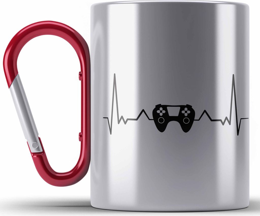 Trendation - Gamer Herzschlag Edelstahl Tasse Karabiner Geschenkidee Gamer Jungs (Rot)