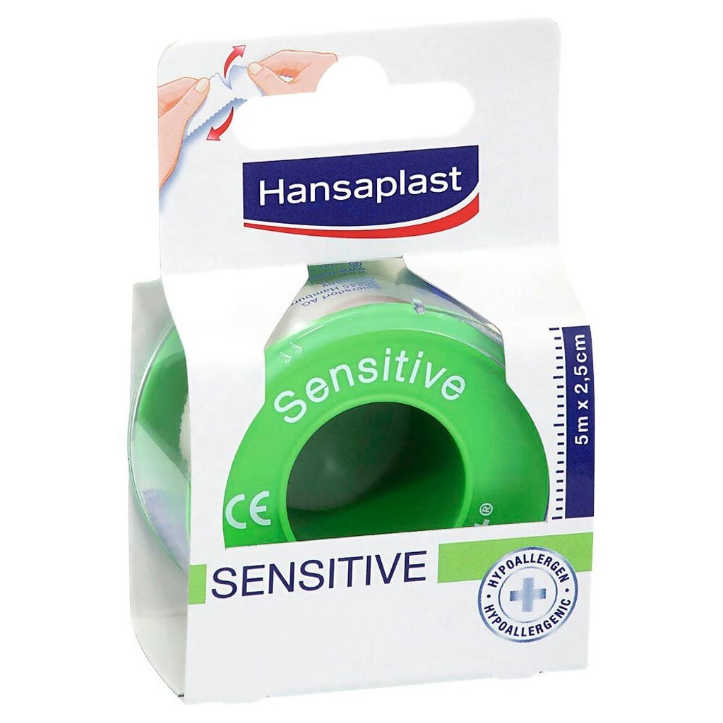 The image shows the packaging of Hansaplast Sensitive plaster tape.