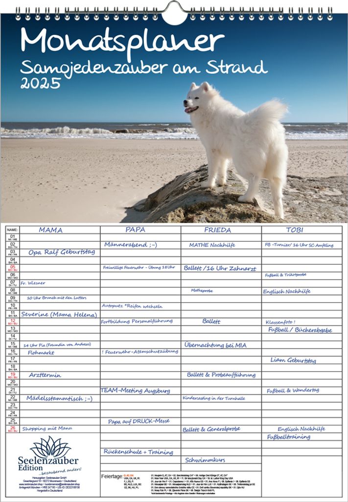 Smojedenzauber am Strand Planer Wandplaner Familienplaner 4 Spaltenplaner DIN A3 Kalender für 2025 Hunde Smojeden - Seelenzauber