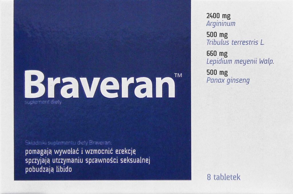 The image shows the front and side panel of a product box for Braveran, a dietary supplement.