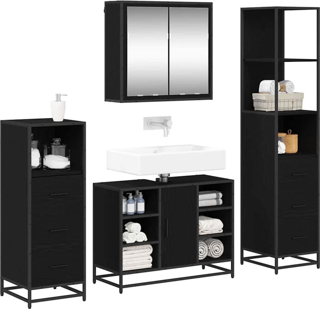 "Winter Sale" Badezimmermöbel-Set 4 pcs - Montage erforderlich - Schwarz Eichen-Optik Holzwerkstoff - clorisNeu927540 - Badezimmerschränke