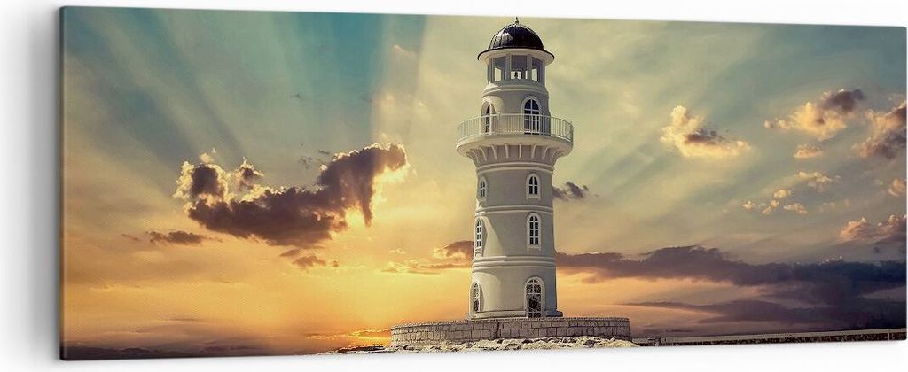 Bild auf Leinwand - Leinwandbild - Leuchtturm Wasser Meer Steine - 140x50cm - Wand Bild - Wanddeko - Leinwanddruck - Bilder - Kunstdruck - Wanddeko...