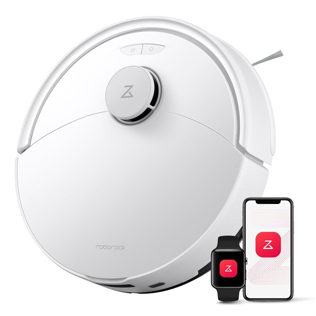 A white Roborock S8 robot vacuum cleaner is shown next to a smartphone and a smartwatch, both displaying the Roborock app.