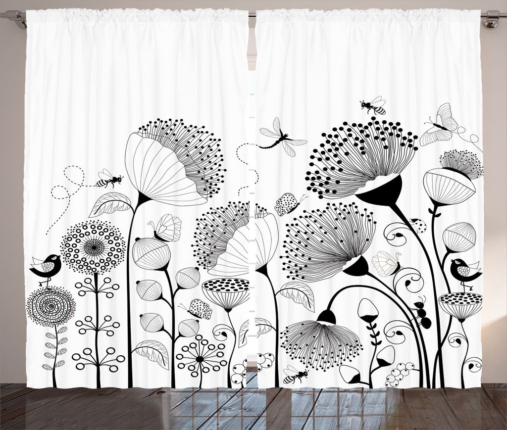 ABAKUHAUS Natur Rustikaler Vorhang, Blühende Blumen-Biene, Wohnzimmer Universalband Gardinen mit Schlaufen und Haken, 280 x 225 cm, Weiß Schwarz