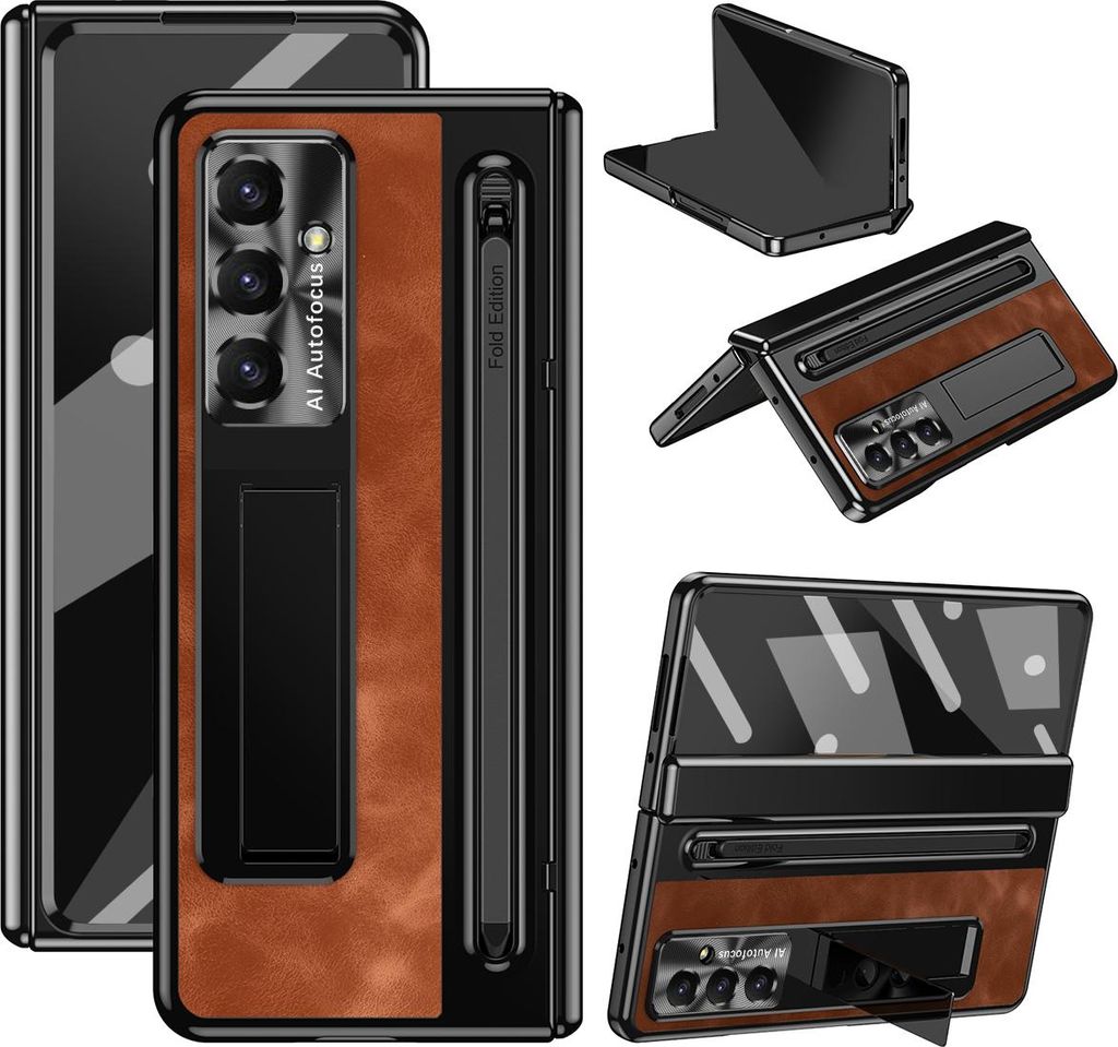Hülle für Samsung Galaxy Z Fold 7, Metall Objektiv Scharnier Schutz, Vintage Leder Ständer Handyhülle mit S Pen Halter und Displayschutzfolie B...