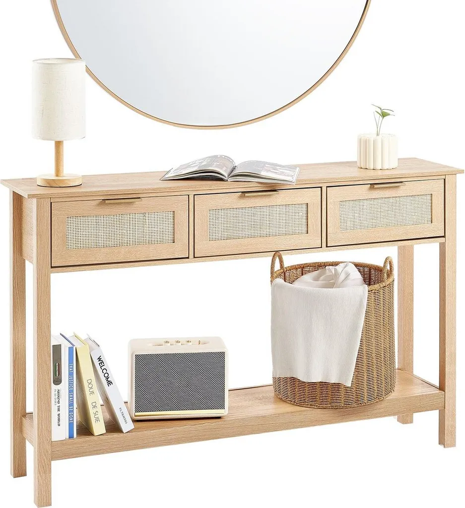 Console de couloir en rotin et bois clair avec trois grands tiroirs chic