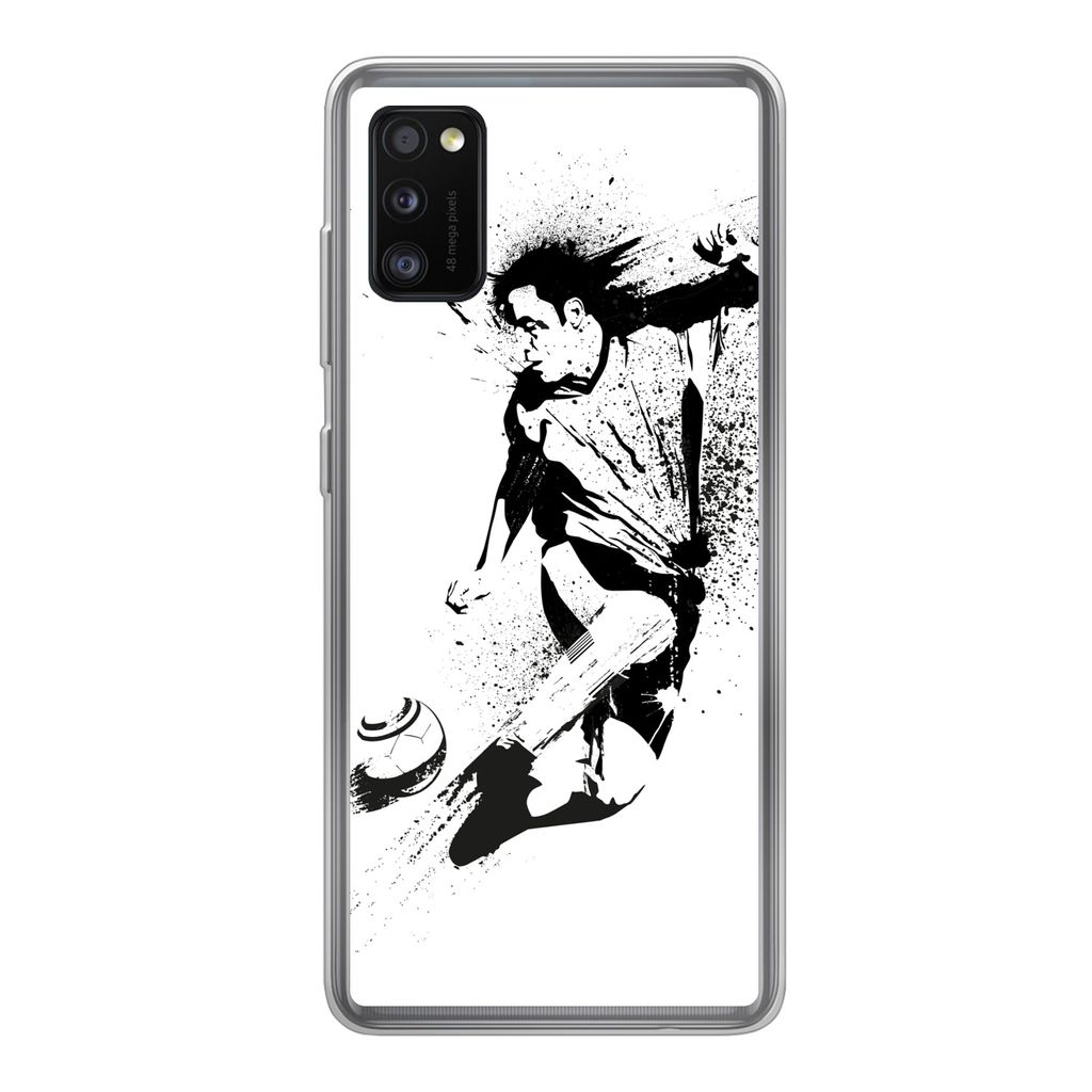 MuchoWow Handyhülle Schutzhülle Hülle für Samsung Galaxy A41 Eine Illustration einer Person, die einen Fußball in Richtung Tor schießt - Ju...