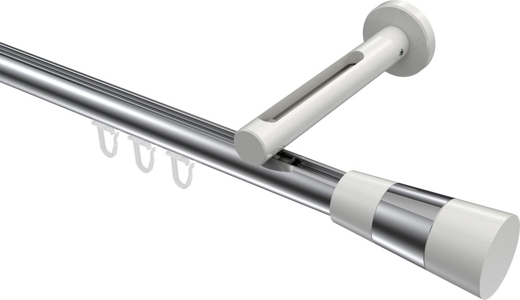 Interdeco Innenlaufstange / Gardinenstange mit Innenlauf Chrom / Weiß, Typ Siteno Tanara (Konus Bicolor), 20 mm Ø 1-läufig, 260 cm