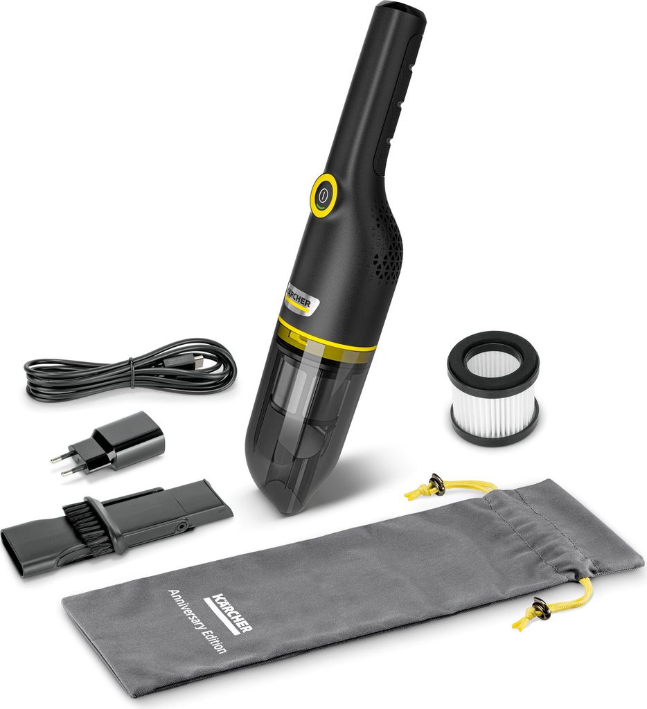 A Kärcher cordless handheld vacuum cleaner and its accessories are displayed on a white background.