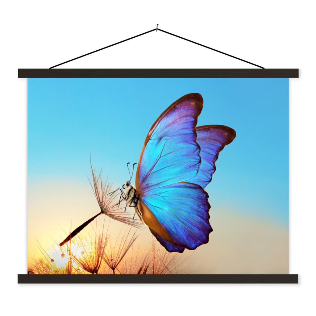 MuchoWow Textilposter Schmetterling - Löwenzahn - Blau 150x113 cm mit schwarzem Rahmen - Wohnzimmer