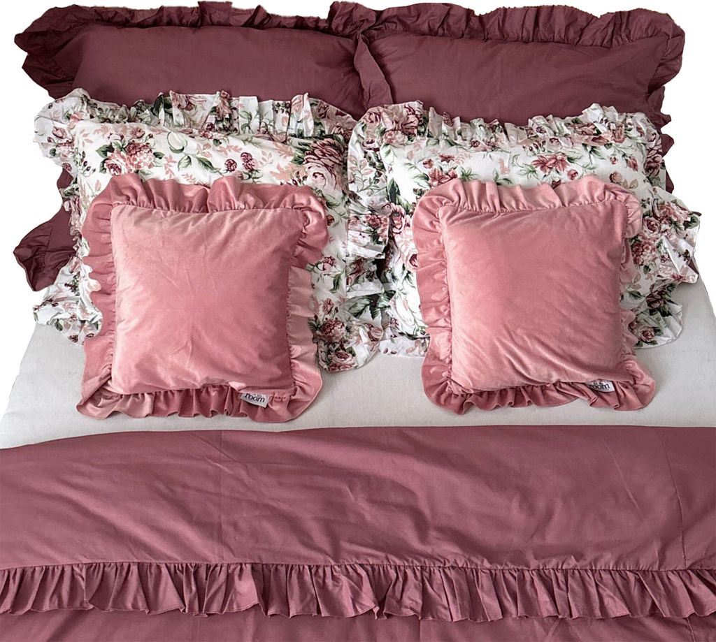Baumwolle Bettwäsche Mit Rüschen Set Schlafzimmer Bettdeckenbezug 160X200 Cm + 6 Kissenbezüge Retro Blumen Hellrosa