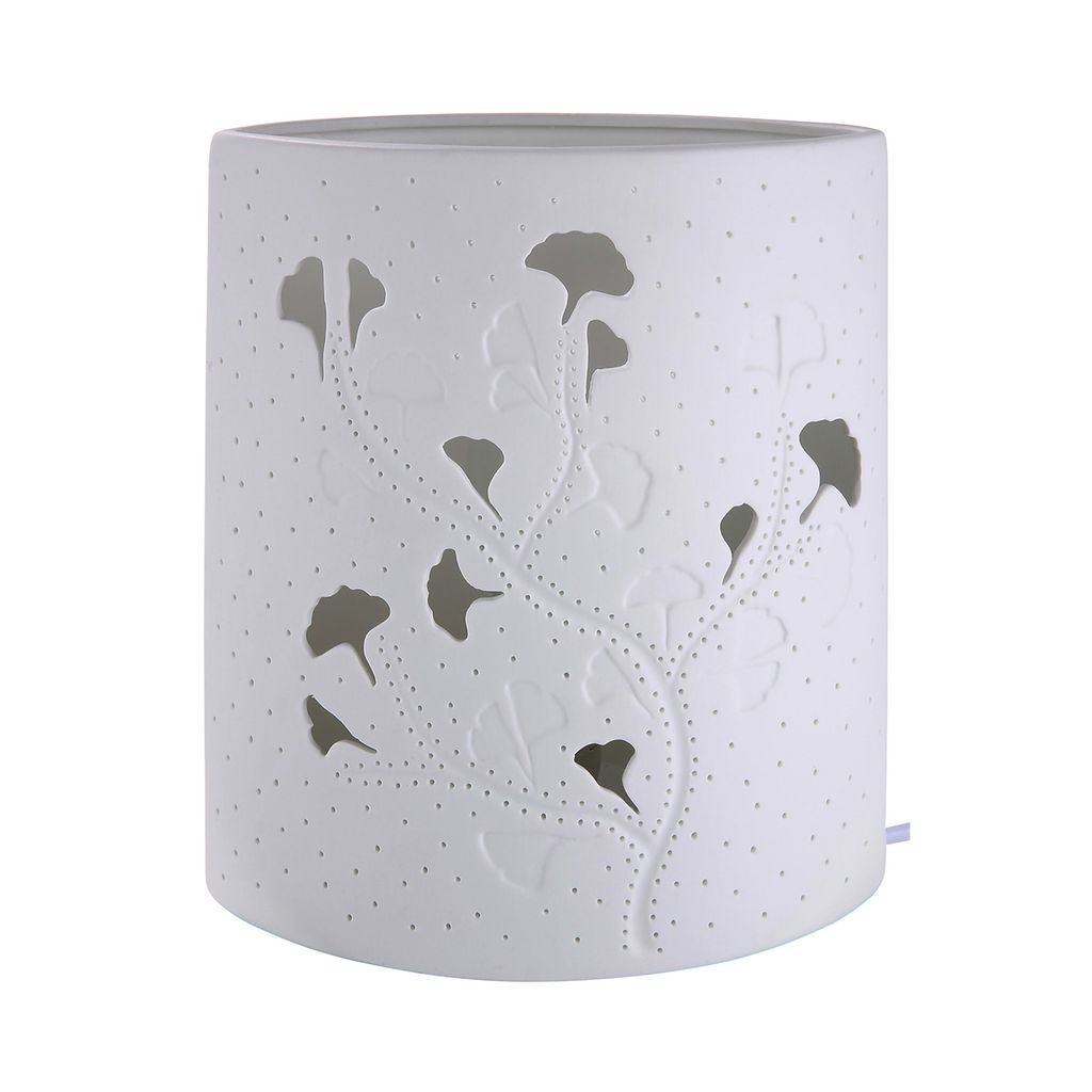 Gilde Lampe Ellipse "Ginkgo" weiß, einseitig geprickelt Fassung E14, max. 40W, 220-240V H: 20 cm B: 17 cm T: 9cm 32194