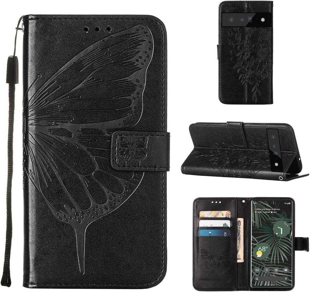Google Pixel 6 Pro Hülle, Schmetterling Prägung Flip Leder Kartenfächer Schutzhülle Ledertasche mit Ständer für Google Pixel 6 Pro Schwarz