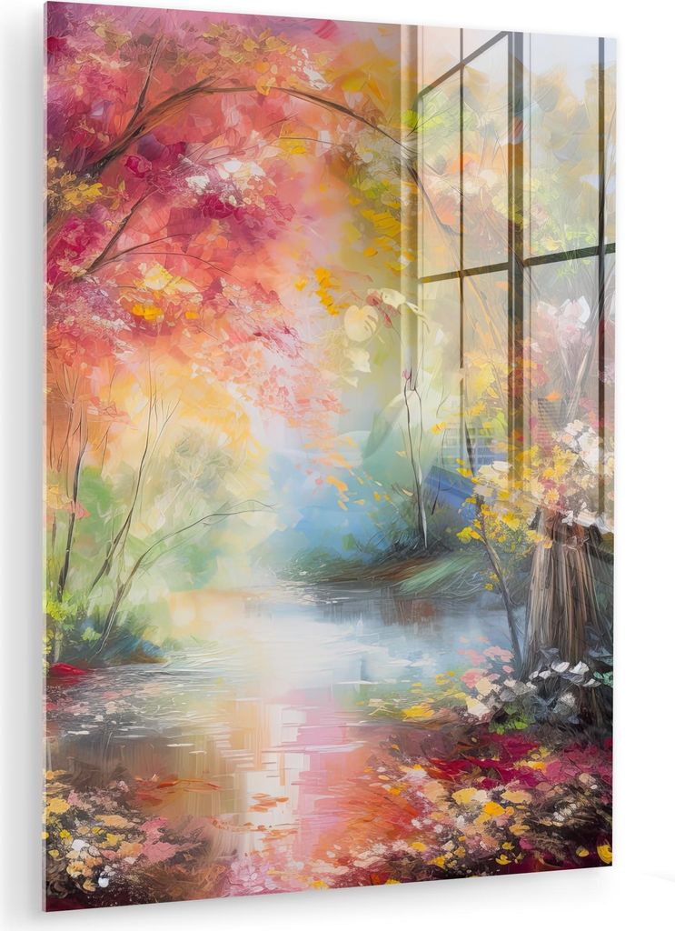 MuchoWow Glasbilder - Bilder auf Wandbild - Foto auf Glas Landschaft - Ölgemälde - Farbenfroh - Natur 60x80 cm Wanddekoration aus Glas - Acrylgla...