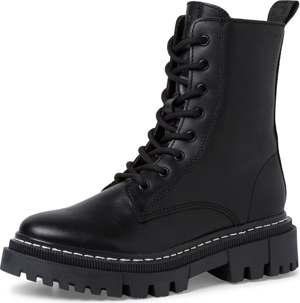 A black lace-up boot is shown against a white background.