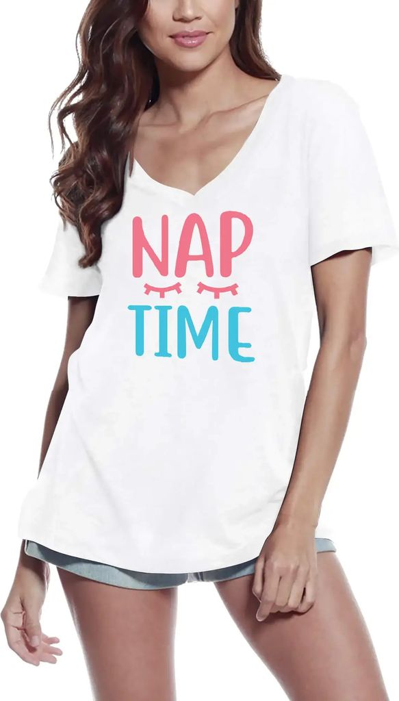 Damen Grafik T-Shirt V-Ausschnitt Schlafenszeit – Nap Time – Öko-Verantwortlich Vintage Jahrgang Kurzarm Lustige Druck Geburtstag Geschenk Frau