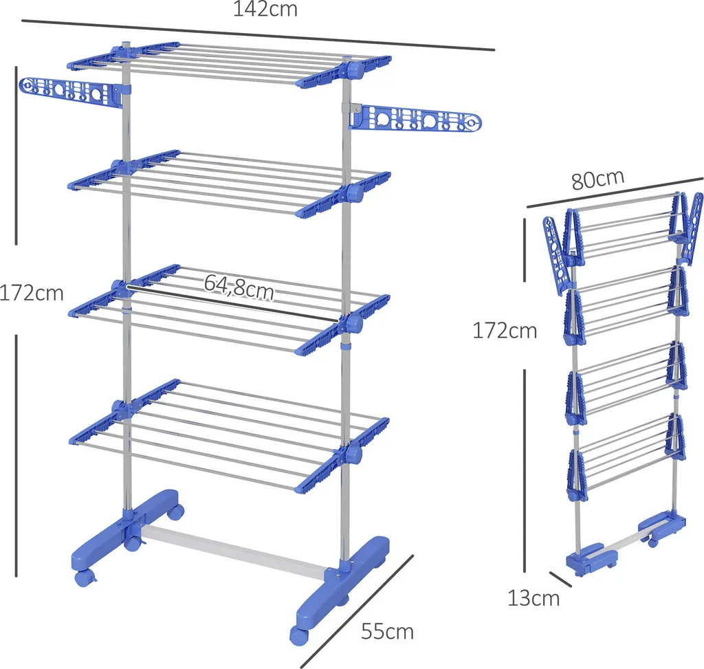 Étendoir à linge vertical 4 niveaux bleu ajustable pour grand séchage L
