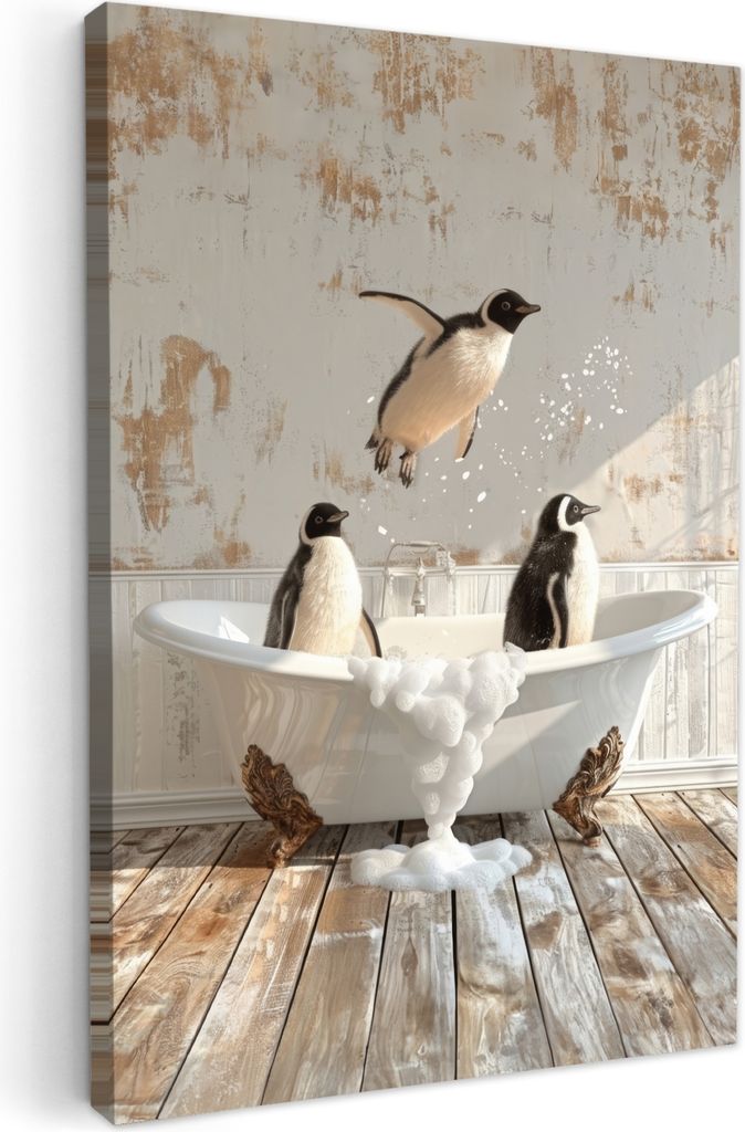Wanddeko 60x90 cm - BadezimmerPinguine, Leinwand Bilder, Wandbilder, Gemälde