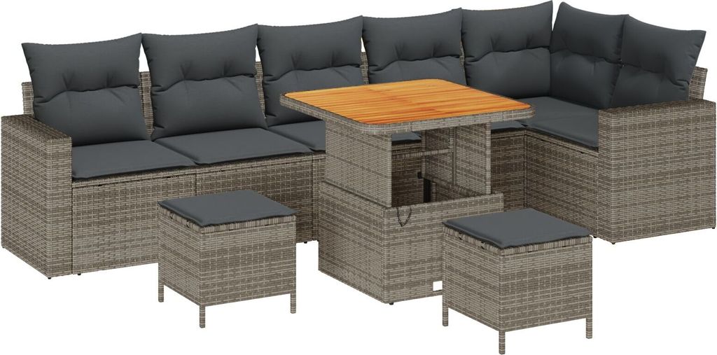 Möbel 9-teiliges Garten Sofa Set mit Kissen Grau Poly Rattan Akazie, 3-teiliges Garten Essenset mit Kissen Grau Poly Rattan Akazie - Gartensofas 3...