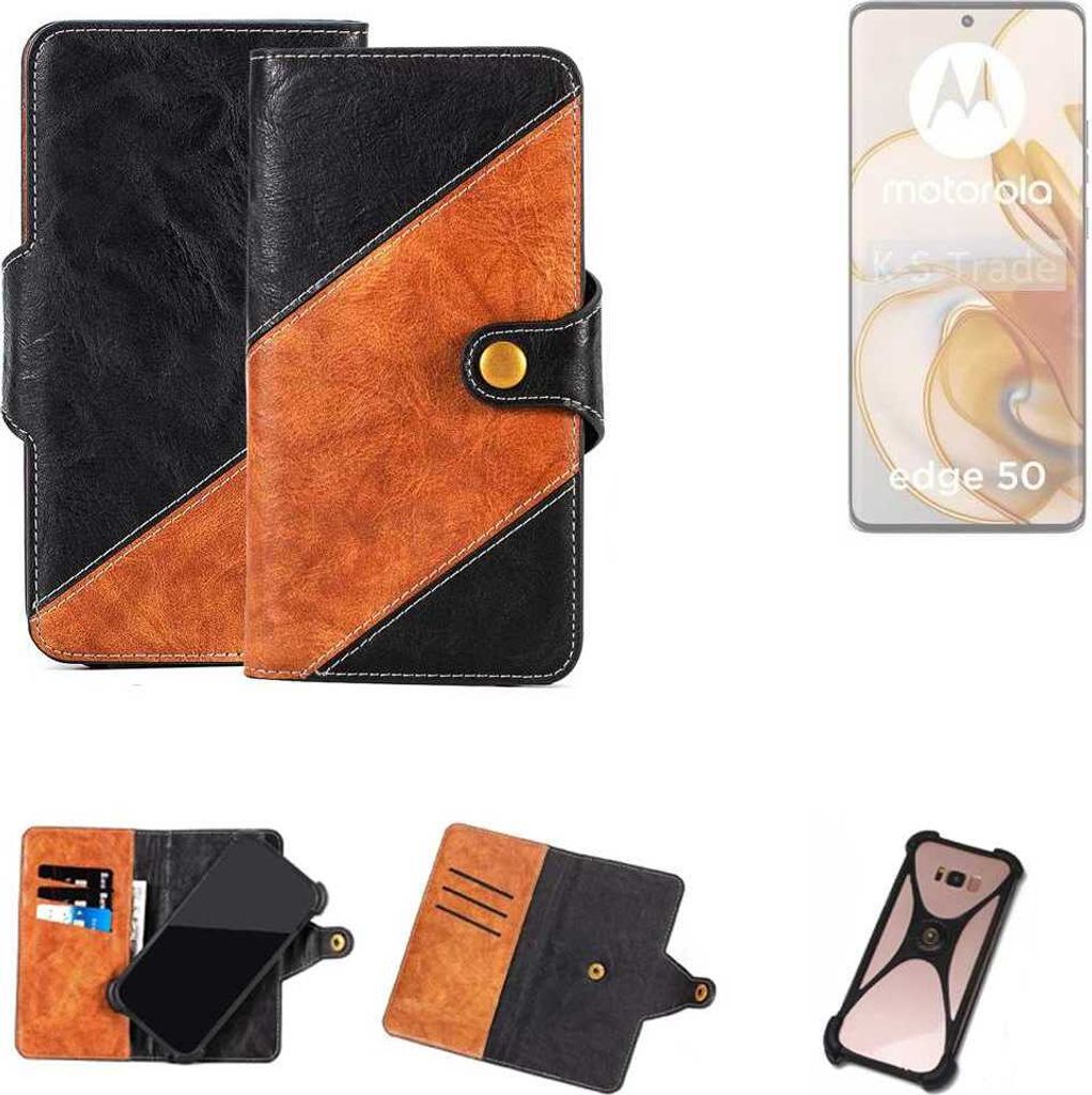 K-S-Trade Handyhülle Schutzhülle Bookstyle Case Wallet-Case kompatibel mit Motorola Edge 50 Handy Cover Bumper Klapphülle schwarz hellbraun 1x