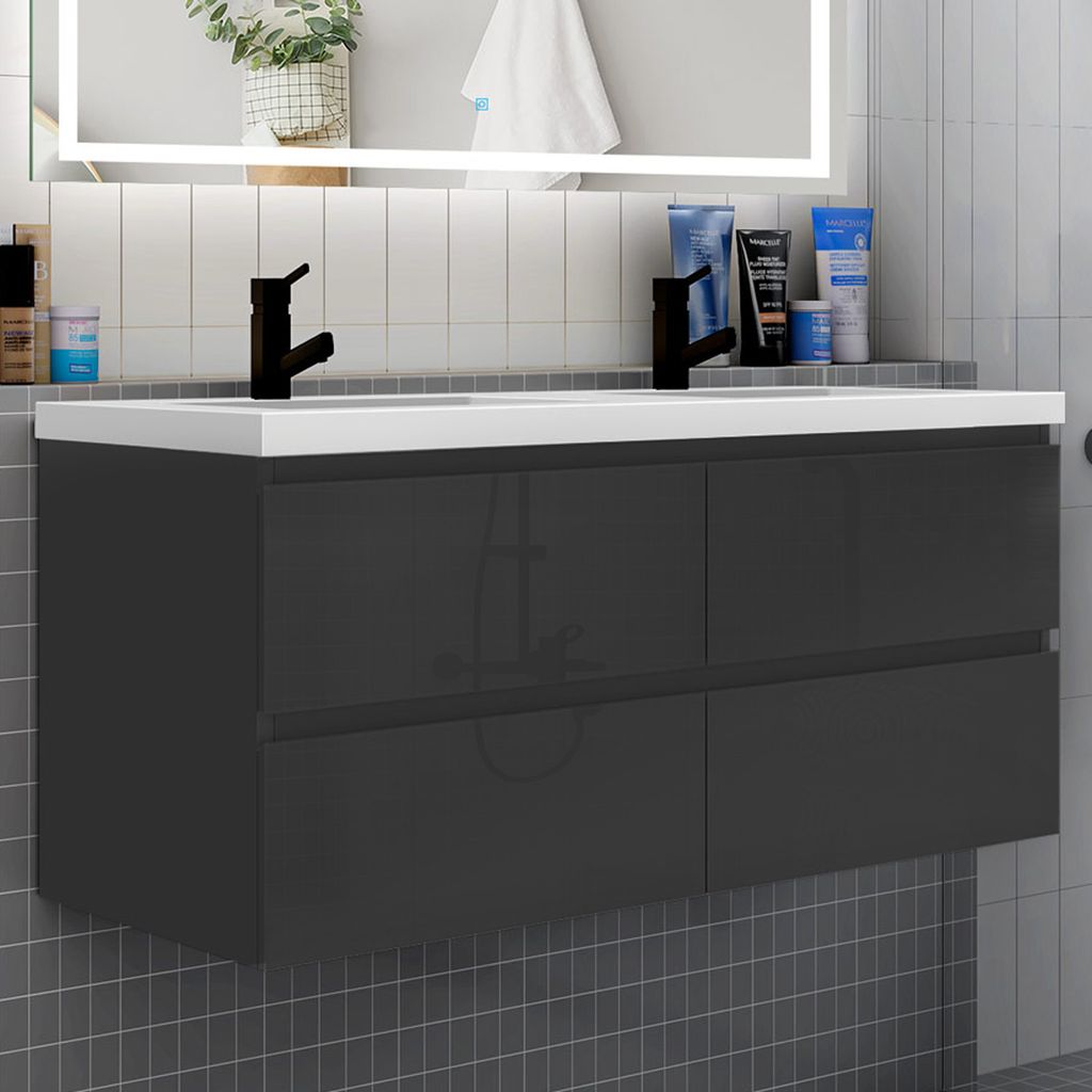 Badmöbel Set HUTI-Serie 120cm Mineralguss Waschbecken mit Unterschrank Badezimmermöbel mit 2 Schubladen Hochglanz Schwarz Hängeschrank