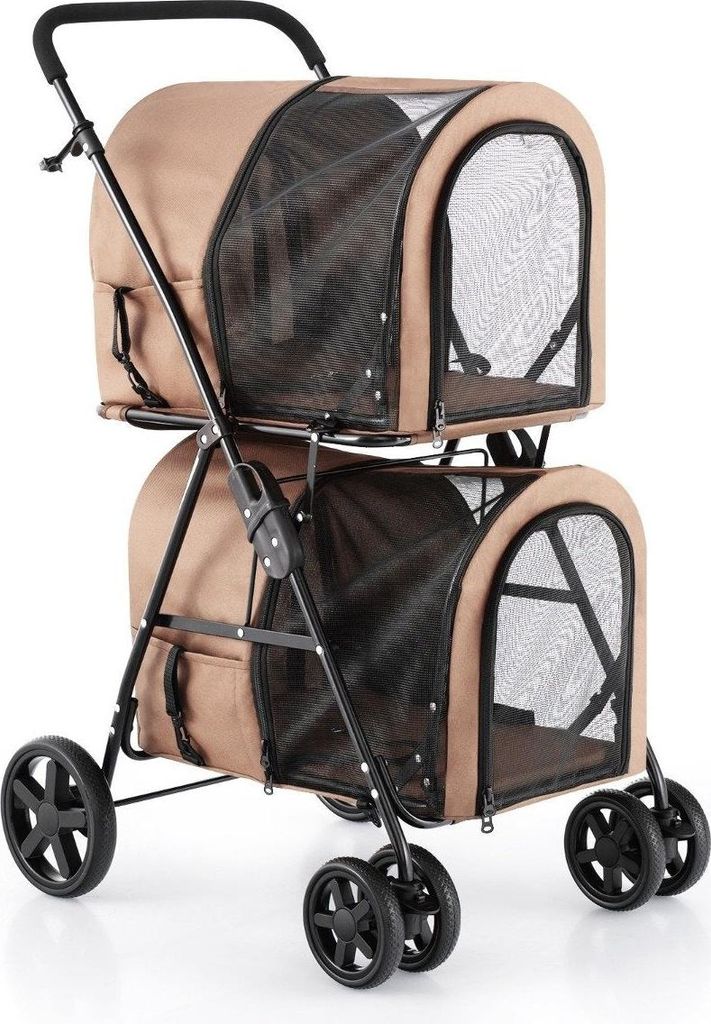 2 Etagen Hundewagen bis 16 kg Hundebuggy mit Netzfenstern Getränkehalter Beige