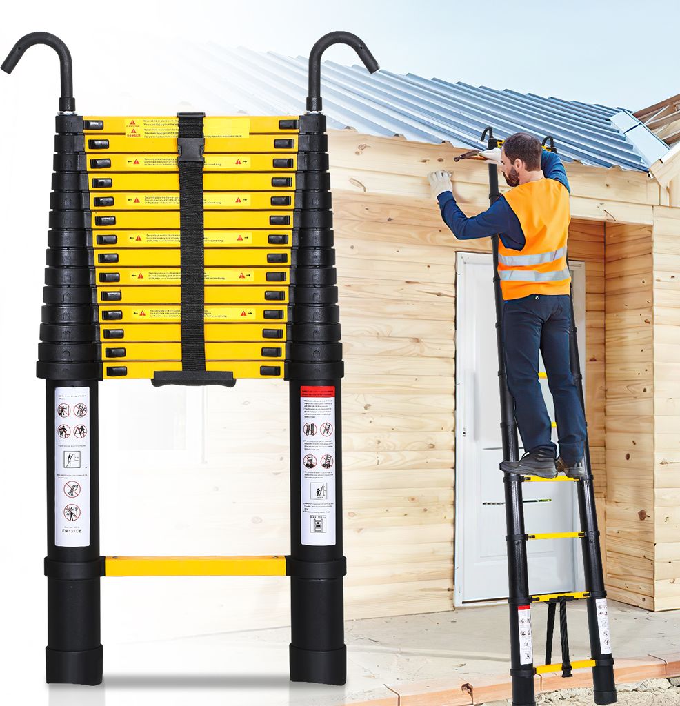 Jayseuw Teleskopleiter schwarz 3.2m Mit Haken Ausziehleiter bis 150kg Stabil Aluminium Anlegeleiter Multifunktionsleiter Stehleiter