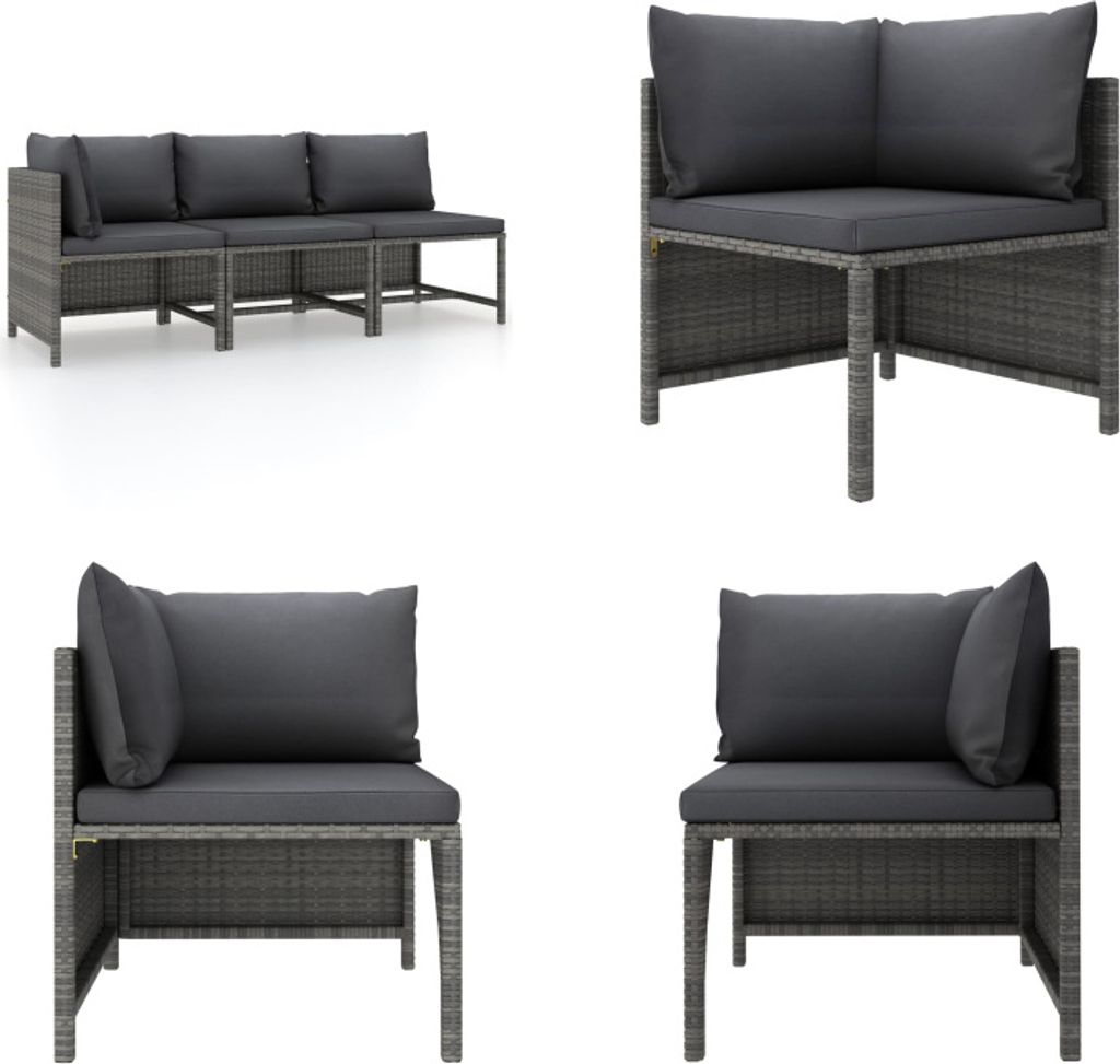 vidaXL 3 tlg. Garten Lounge Set mit Kissen Poly Rattan Grau - Garten-Sofagarnitur - Garten-Sofagarnituren - Gartensofa-Set - Gartensofa-Sets