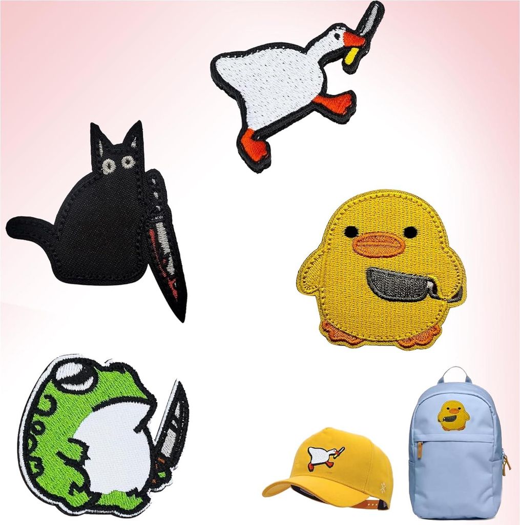 Lustige Klettverschluss-Patches Ganzend-Eend Kikker Kat - Set von 4 Patches mit Messer - Bekleidungsaccessoires für Jeans, Hemden, Hüte