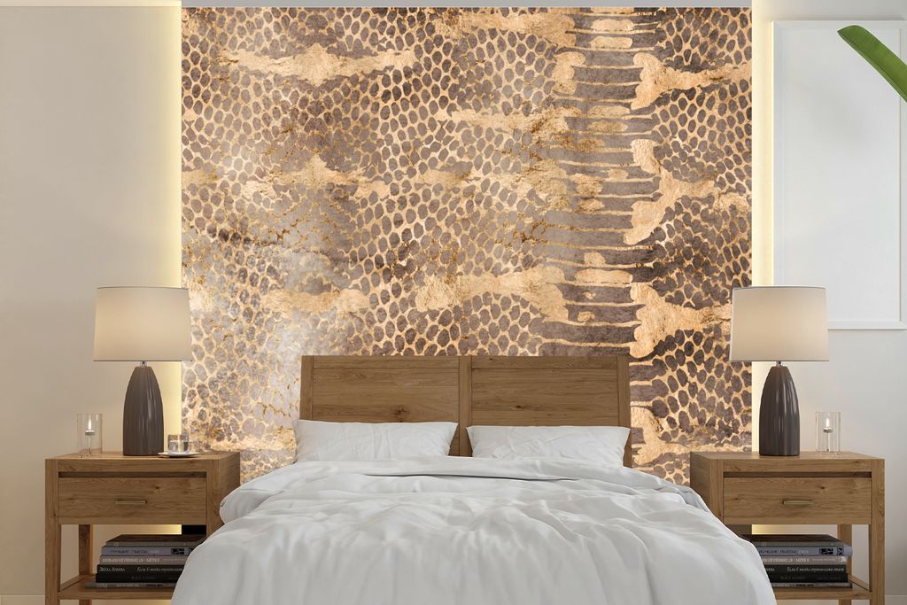 MuchoWow Fototapete für Wohnzimmer oder Schlafzimmer Wandtapete Vinyl Motivtapete Tiermuster - Schlange - Gold - Luxus - 350x350 cm - Schlafzimm...